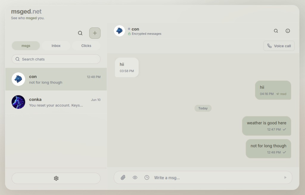 msged.net messaging app showing encrypted chat interface